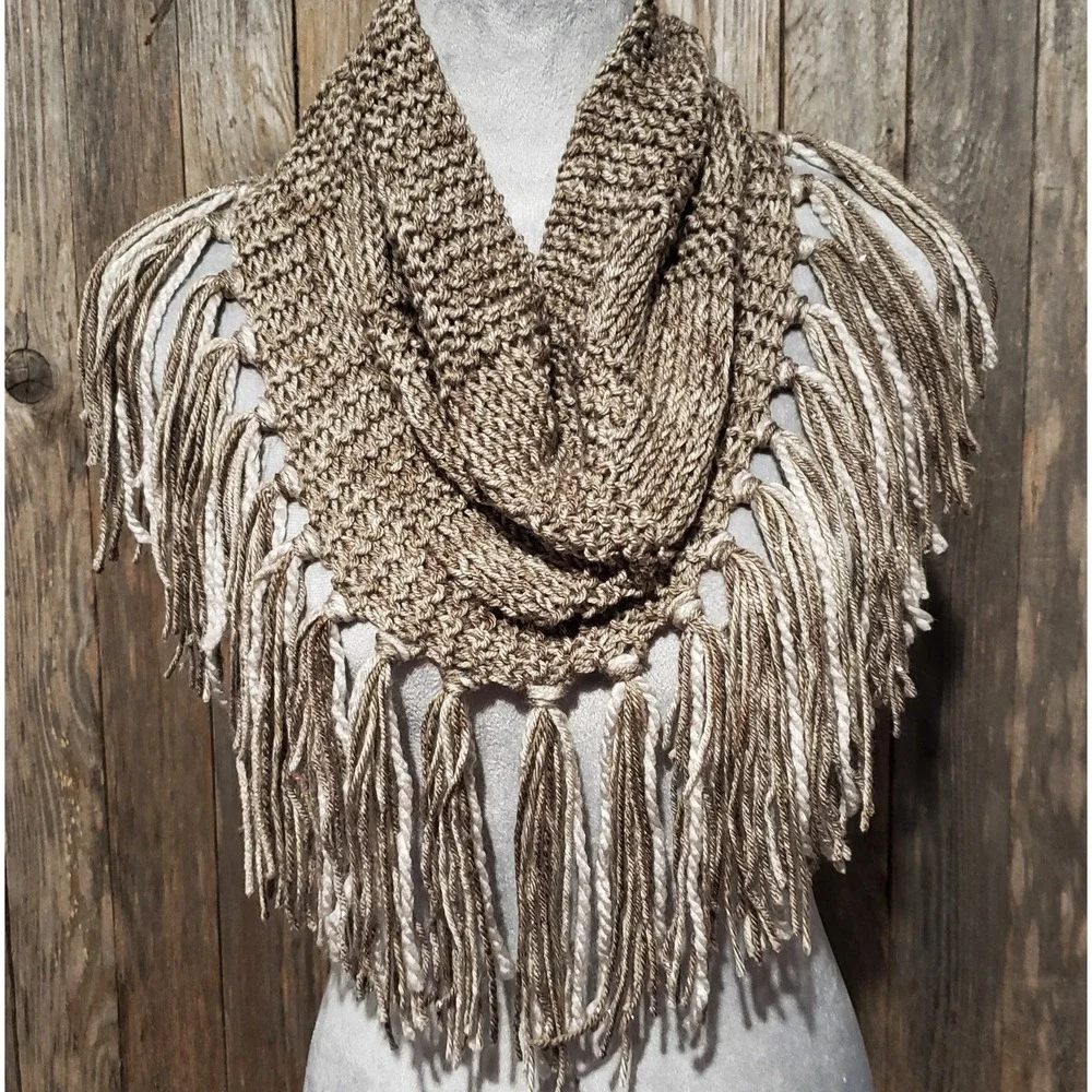 NEW Hand Knitted Taupe Boho Cowl Scarf Fringe Cottage Earthy Artsy Cottage Indie